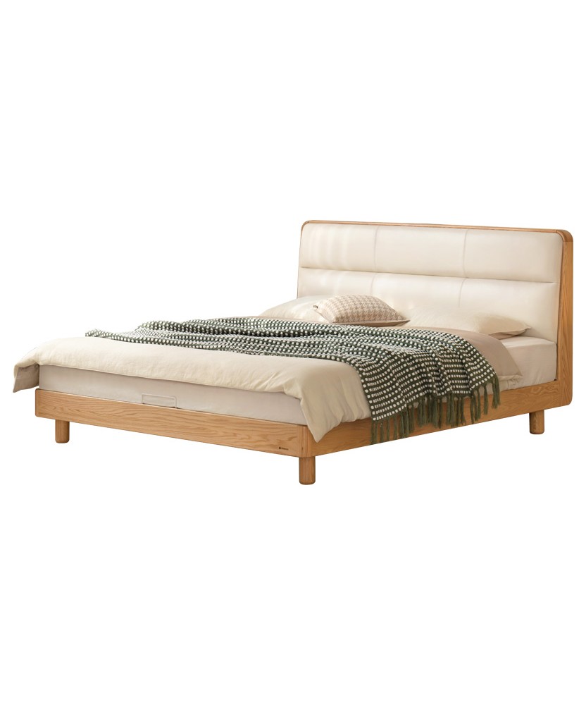 Lit bas avec tête de lit rembourrée – Chêne massif FAS & cuir écolo... Lit bas avec tête de lit rembourrée – Chêne massif FAS & cuir écolo...