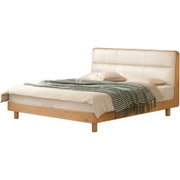 Lit bas avec tête de lit rembourrée – Chêne massif FAS & cuir écolo...