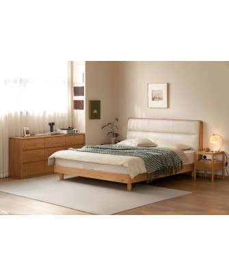 Lit bas avec tête de lit rembourrée – Chêne massif FAS & cuir écolo...