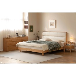 Lit bas avec tête de lit rembourrée – Chêne massif FAS & cuir écolo...