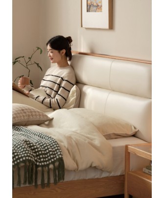 Lit bas avec tête de lit rembourrée – Chêne massif FAS & cuir écolo...