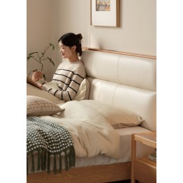 Lit bas avec tête de lit rembourrée – Chêne massif FAS & cuir écolo...