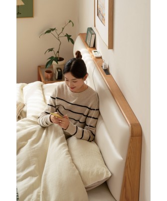 Lit bas avec tête de lit rembourrée – Chêne massif FAS & cuir écolo...