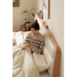 Lit bas avec tête de lit rembourrée – Chêne massif FAS & cuir écolo...