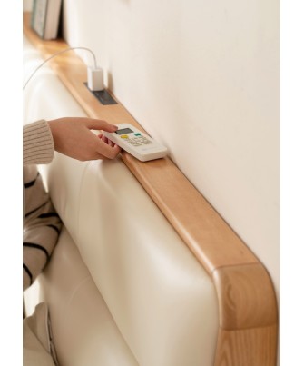 Lit bas avec tête de lit rembourrée – Chêne massif FAS & cuir écolo...