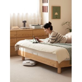 Lit bas avec tête de lit rembourrée – Chêne massif FAS & cuir écolo...