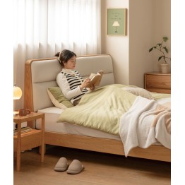 Lit bas avec tête de lit rembourrée – Chêne massif FAS & cuir écolo...