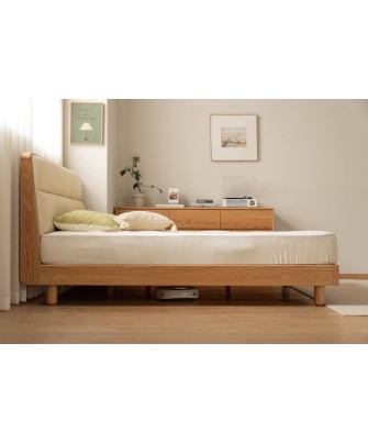 Lit bas avec tête de lit rembourrée – Chêne massif FAS & cuir écolo...