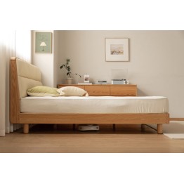 Lit bas avec tête de lit rembourrée – Chêne massif FAS & cuir écolo...