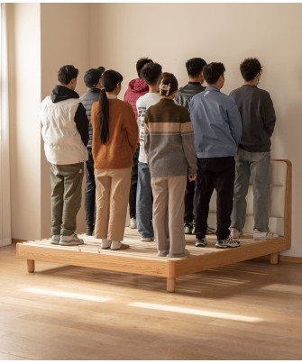 Lit bas avec tête de lit rembourrée – Chêne massif FAS & cuir écolo...