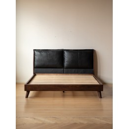 Lit en noyer noir avec grande tête de lit rembourrée en cuir noir –...