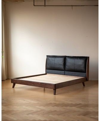 Lit en noyer noir avec grande tête de lit rembourrée en cuir noir –...