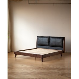 Lit en noyer noir avec grande tête de lit rembourrée en cuir noir –...