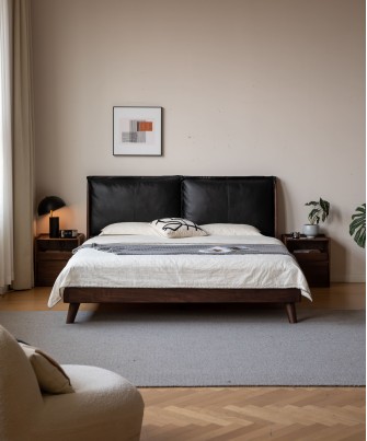 Lit en noyer noir avec grande tête de lit rembourrée en cuir noir –...