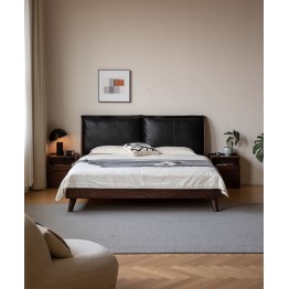 Lit en noyer noir avec grande tête de lit rembourrée en cuir noir –...