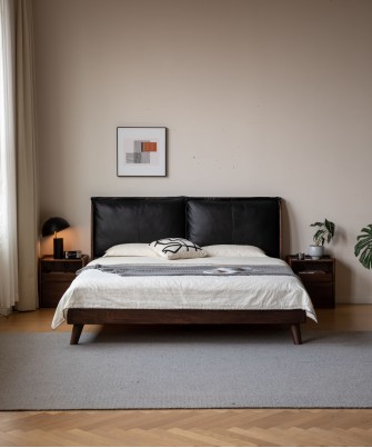 Lit en noyer noir avec grande tête de lit rembourrée en cuir noir –...