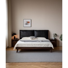 Lit en noyer noir avec grande tête de lit rembourrée en cuir noir –...