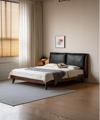 Lit en noyer noir avec grande tête de lit rembourrée en cuir noir –...