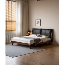 Lit en noyer noir avec grande tête de lit rembourrée en cuir noir –...