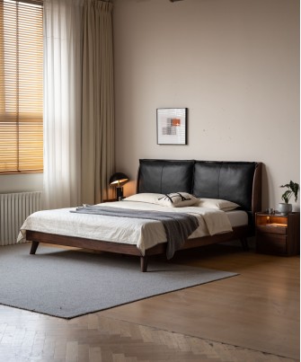 Lit en noyer noir avec grande tête de lit rembourrée en cuir noir –...