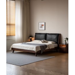 Lit en noyer noir avec grande tête de lit rembourrée en cuir noir –...