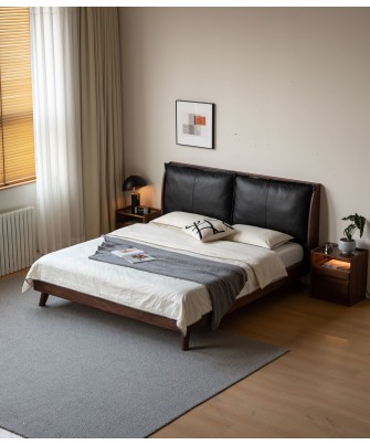 Lit en noyer noir avec grande tête de lit rembourrée en cuir noir –...