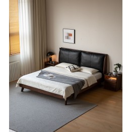 Lit en noyer noir avec grande tête de lit rembourrée en cuir noir –...