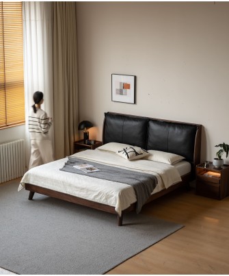 Lit en noyer noir avec grande tête de lit rembourrée en cuir noir –...