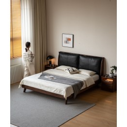 Lit en noyer noir avec grande tête de lit rembourrée en cuir noir –...