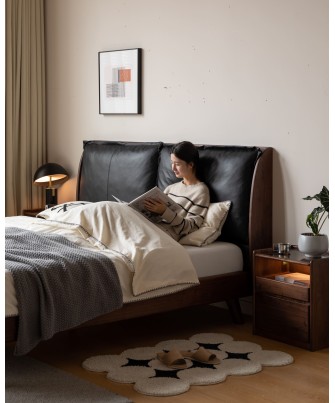 Lit en noyer noir avec grande tête de lit rembourrée en cuir noir –...