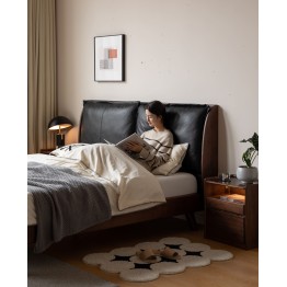 Lit en noyer noir avec grande tête de lit rembourrée en cuir noir –...