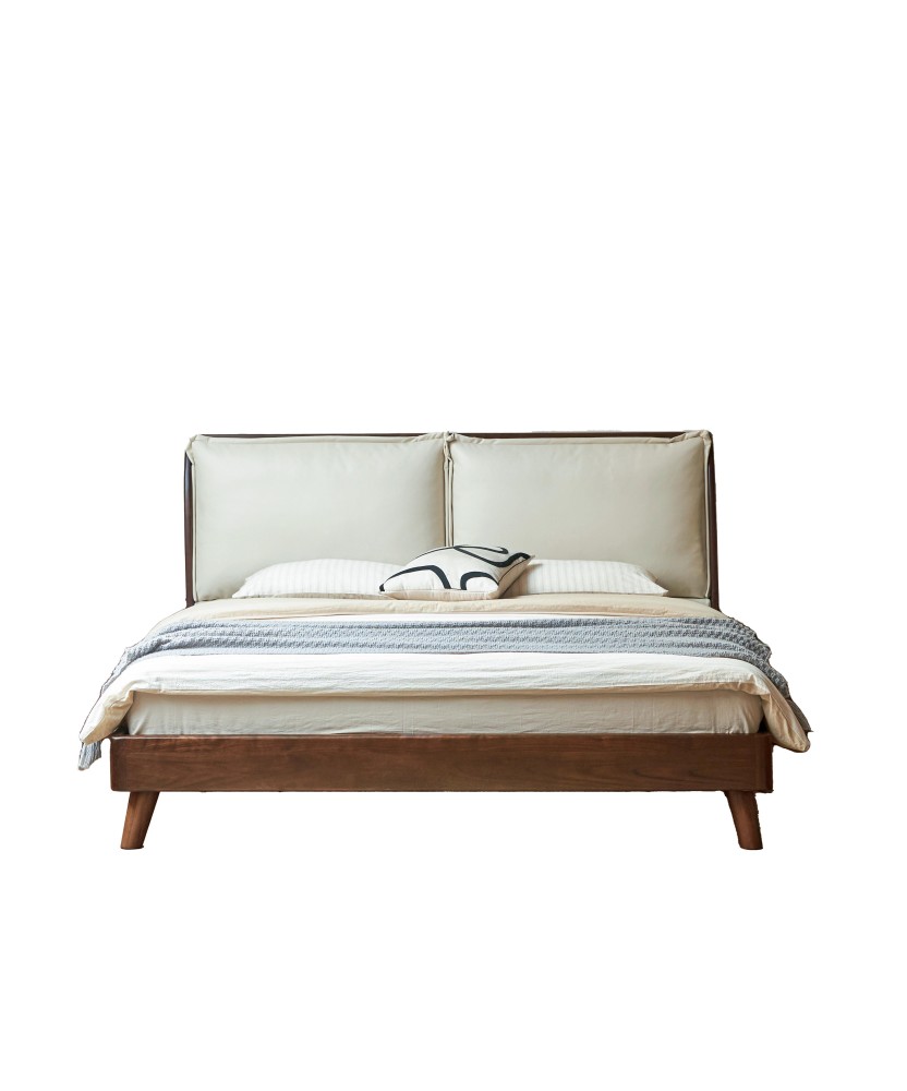 Black Walnut Bed with Sectioned Soft Leather Headboard – Beige Genu...