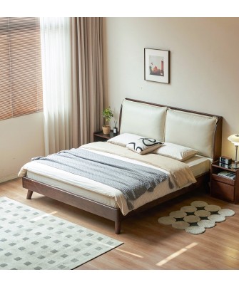 Black Walnut Bed with Sectioned Soft Leather Headboard – Beige Genu...