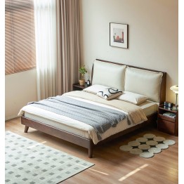 Black Walnut Bed with Sectioned Soft Leather Headboard – Beige Genu...