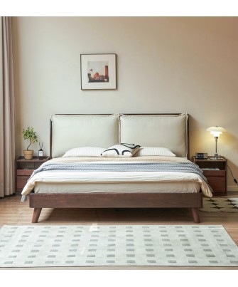 Black Walnut Bed with Sectioned Soft Leather Headboard – Beige Genu...