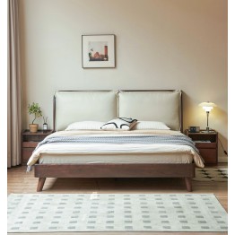 Black Walnut Bed with Sectioned Soft Leather Headboard – Beige Genu...