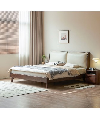 Black Walnut Bed with Sectioned Soft Leather Headboard – Beige Genu...