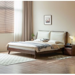 Black Walnut Bed with Sectioned Soft Leather Headboard – Beige Genu...