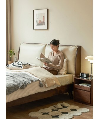 Black Walnut Bed with Sectioned Soft Leather Headboard – Beige Genu...