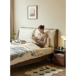 Black Walnut Bed with Sectioned Soft Leather Headboard – Beige Genu...