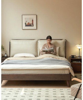 Black Walnut Bed with Sectioned Soft Leather Headboard – Beige Genu...