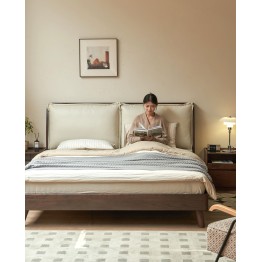 Black Walnut Bed with Sectioned Soft Leather Headboard – Beige Genu...