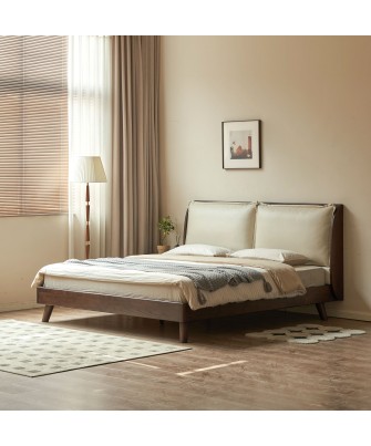 Black Walnut Bed with Sectioned Soft Leather Headboard – Beige Genu...