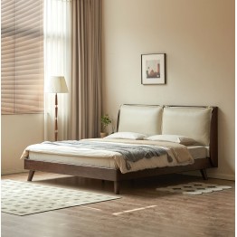 Black Walnut Bed with Sectioned Soft Leather Headboard – Beige Genu...