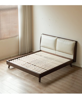 Black Walnut Bed with Sectioned Soft Leather Headboard – Beige Genu...