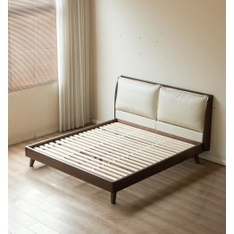 Black Walnut Bed with Sectioned Soft Leather Headboard – Beige Genu...