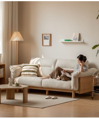 2.55 m Solid Oak Sofa – Imitation Cotton-Linen Fabric (Pearl White)...