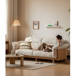 2.55 m Solid Oak Sofa – Imitation Cotton-Linen Fabric (Pearl White)...