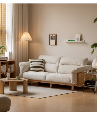 2.55 m Solid Oak Sofa – Imitation Cotton-Linen Fabric (Pearl White)...