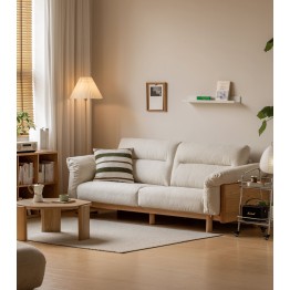 2.55 m Solid Oak Sofa – Imitation Cotton-Linen Fabric (Pearl White)...